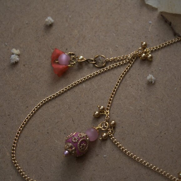Brass Chain Pink Flower Necklace - Picture 2 of 5
